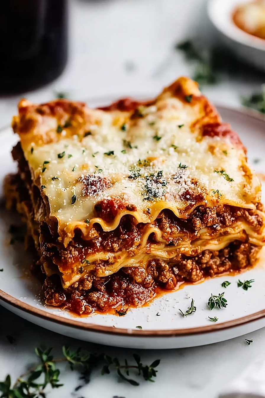 A slice of lasagna with cheese and meat on a plate.