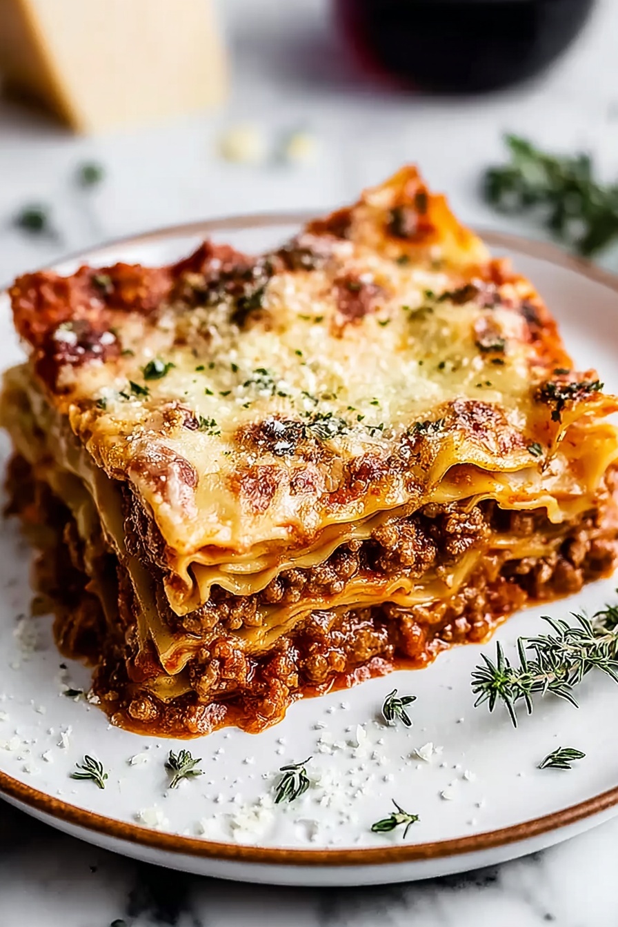 A plate of lasagna with cheese and meat on it.