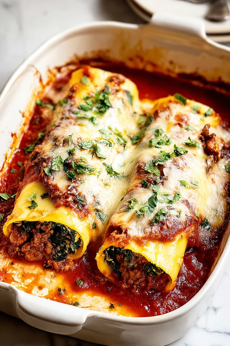 A dish of manicotti with spinach ricotta filling.