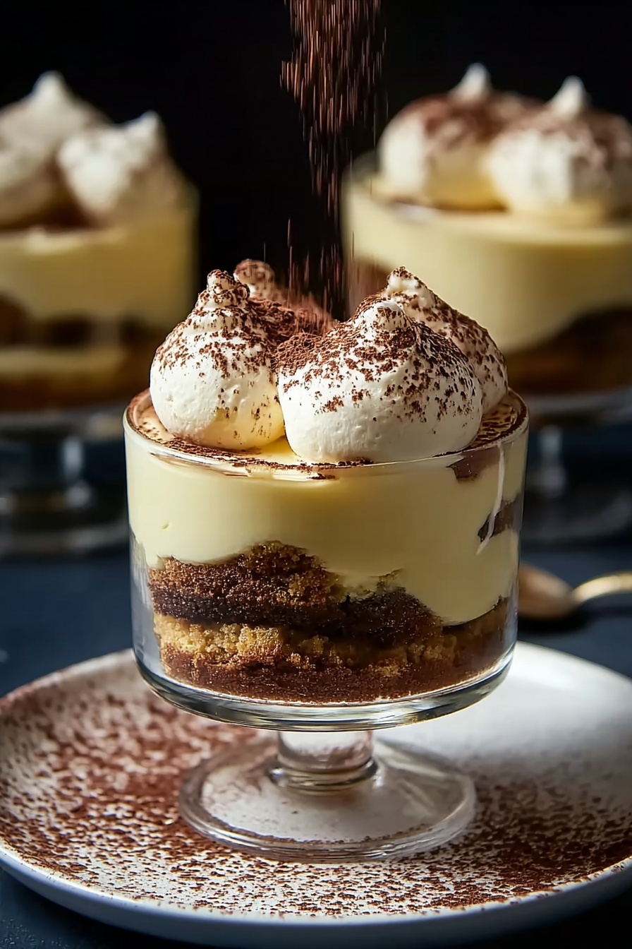 A close up of a dessert with a spoon in it.