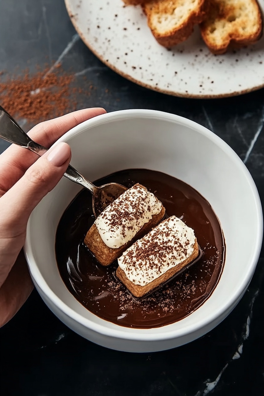 A person is holding a spoon in a bowl of food.