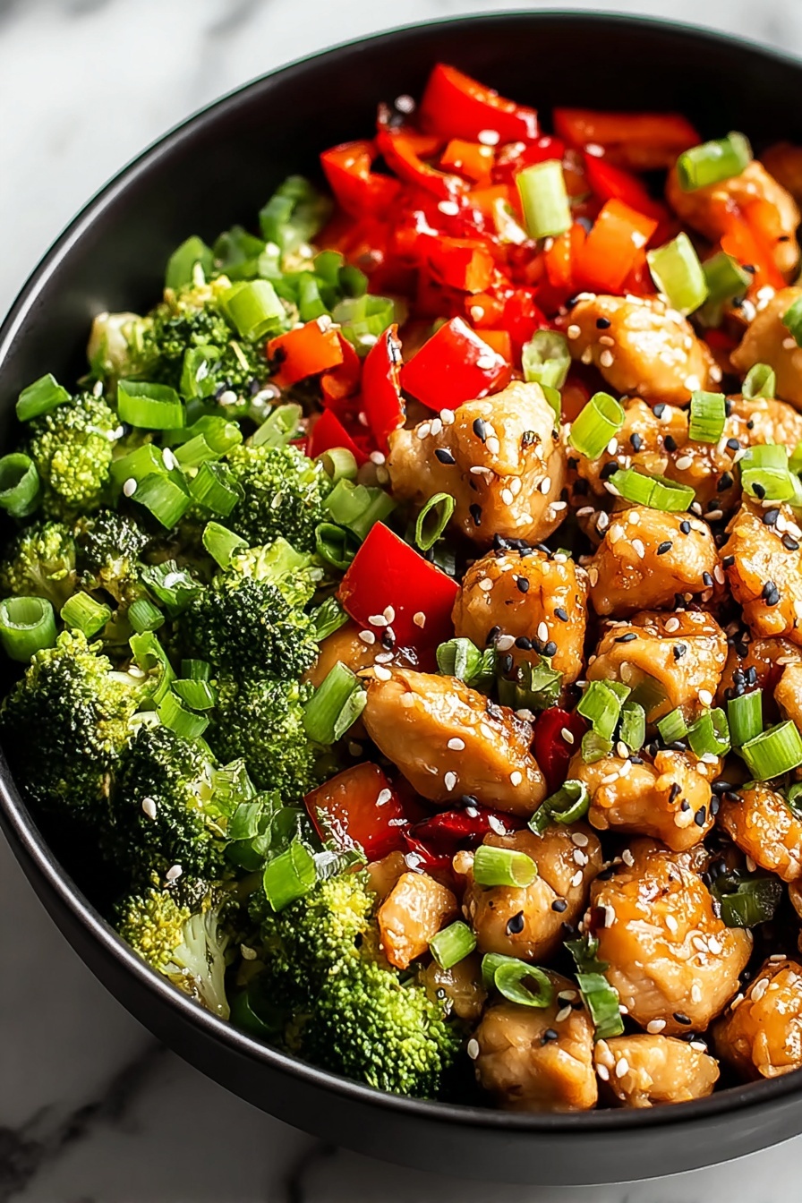 A bowl of stir-fry with chicken, broccoli, and red peppers.