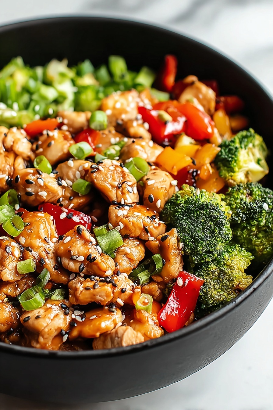 A bowl of stir-fry with chicken, broccoli, peppers, and onions.