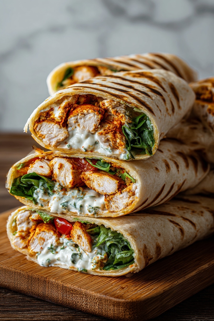 A stack of crispy air fryer chicken wraps.