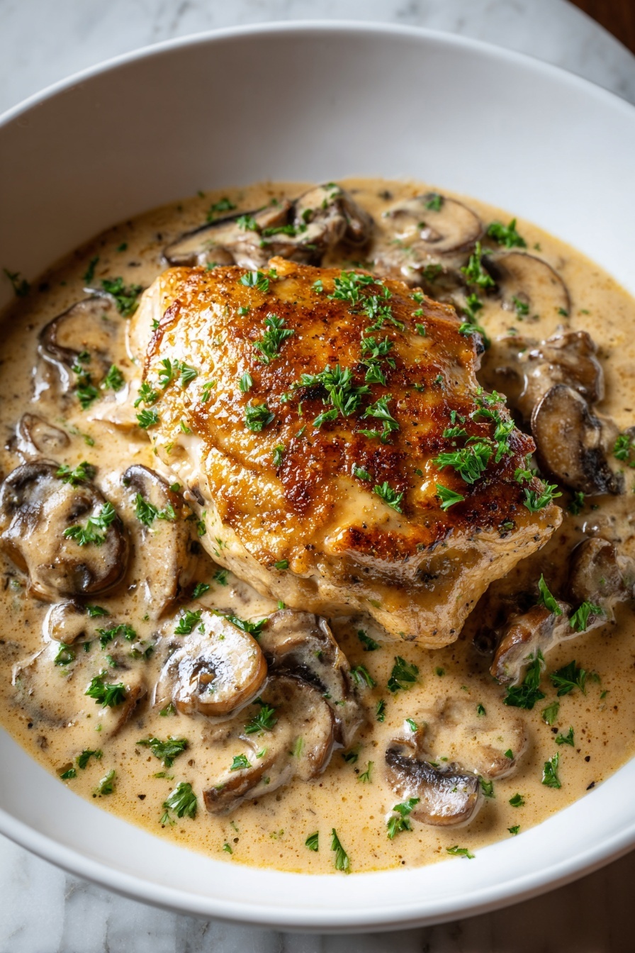 A close up of a chicken dish with mushrooms and gravy.