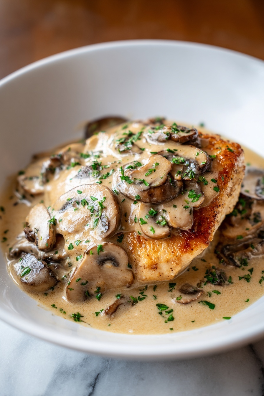 A plate of chicken and mushrooms covered in gravy.