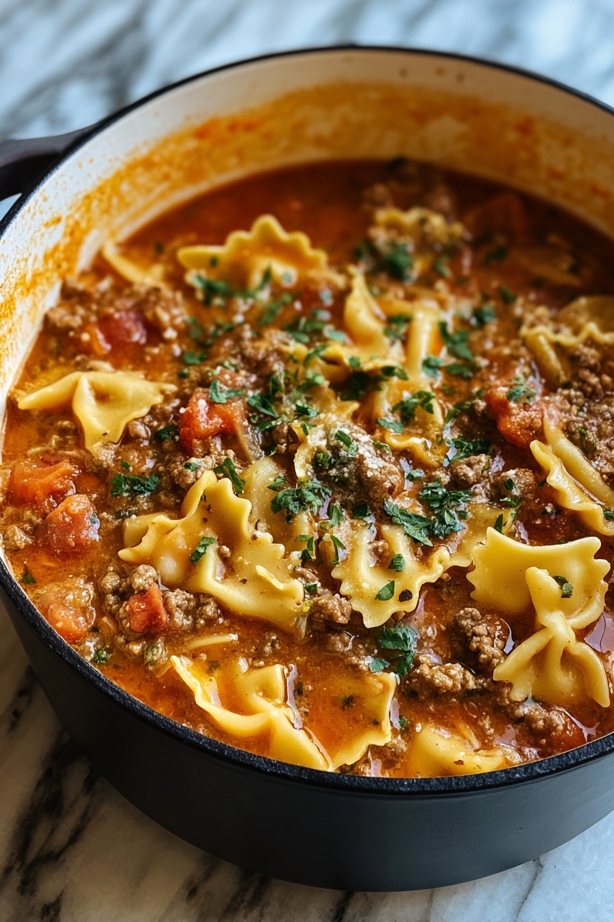 A close up of a pot of lasagna soup.