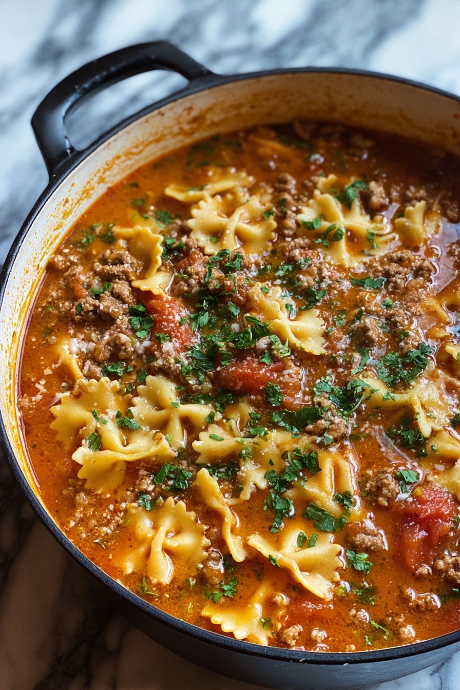 A close up of a pot of lasagna soup.