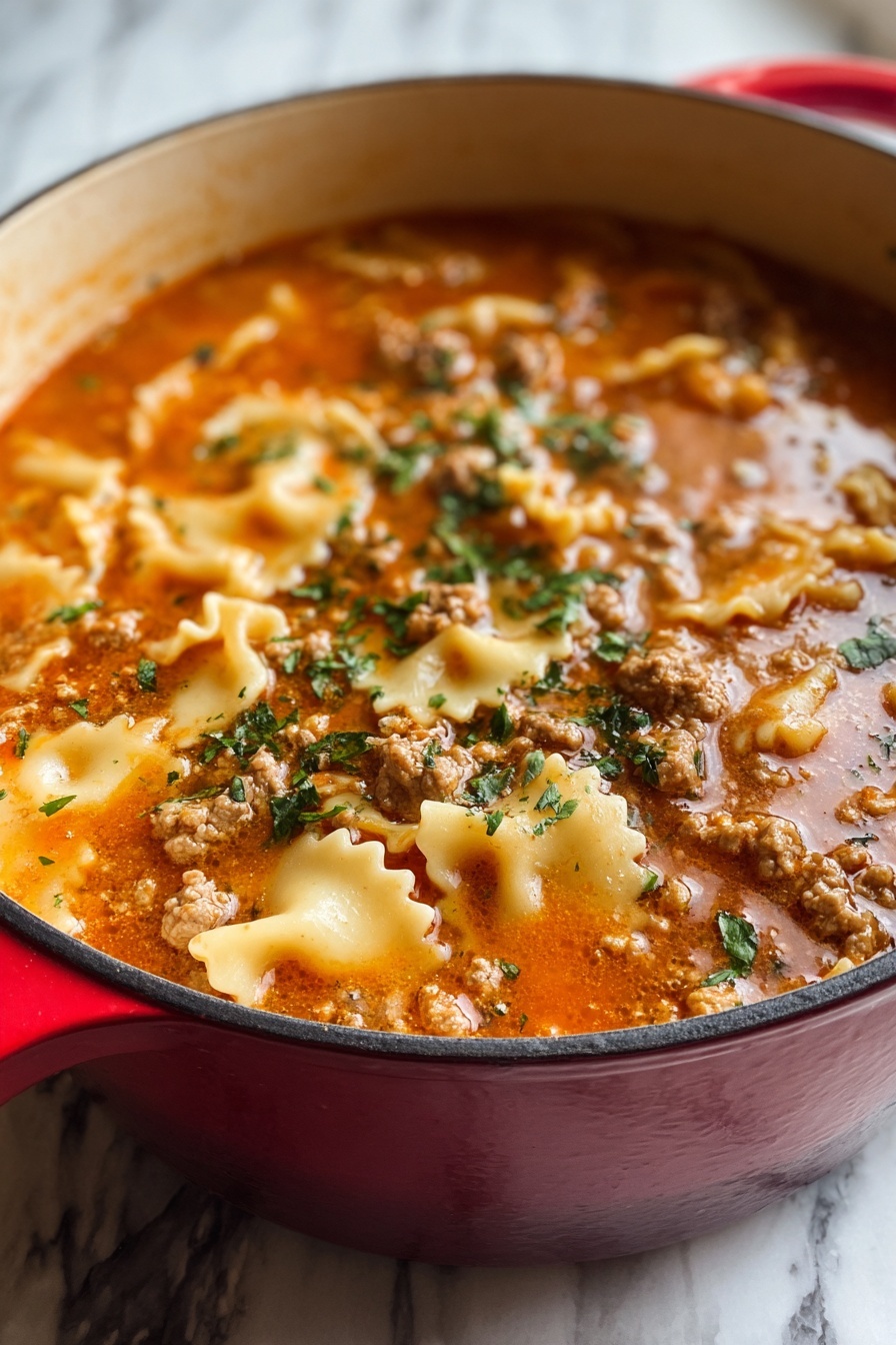 A close up of a pot of lasagna soup.