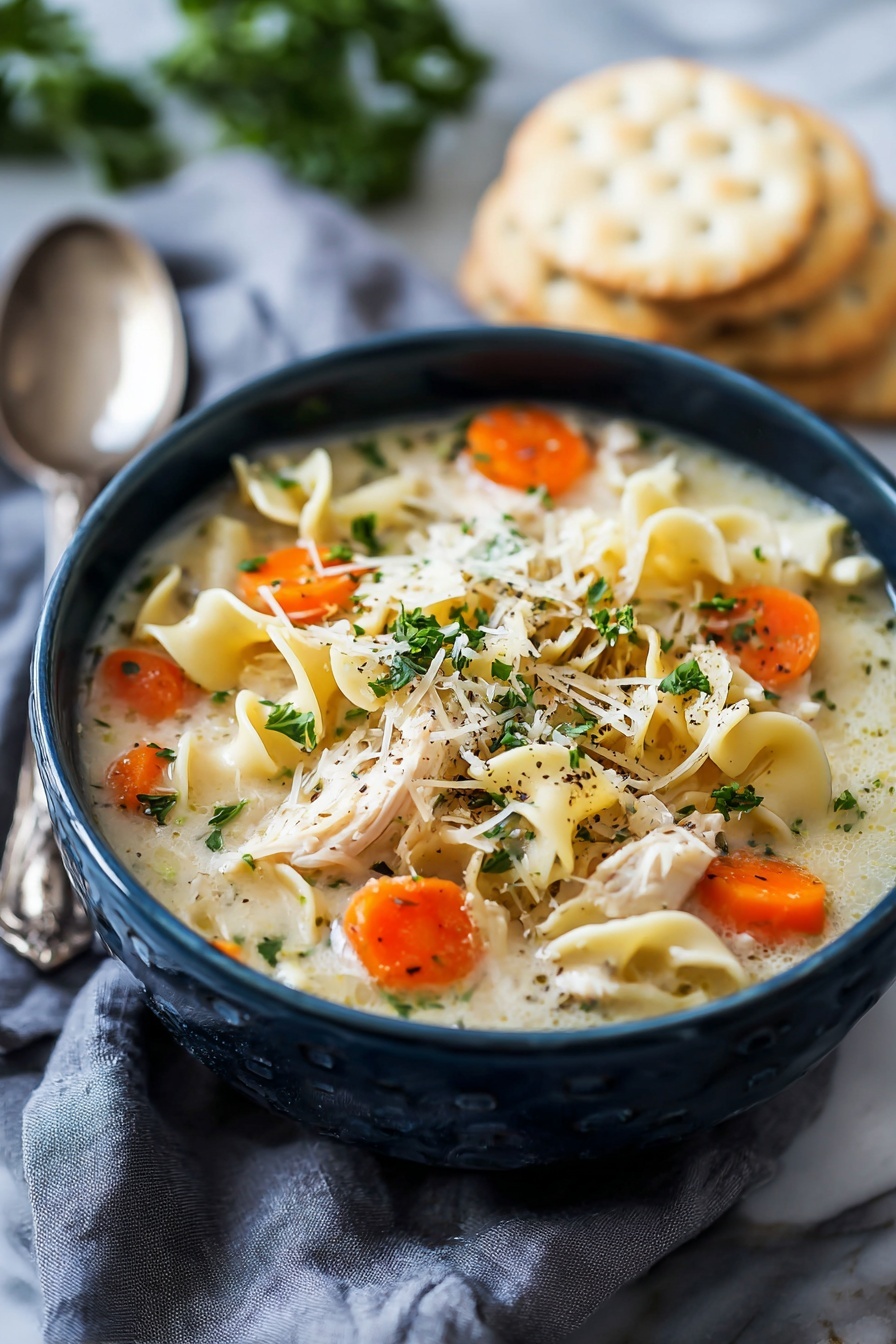 A bowl of soup with noodles and chicken.