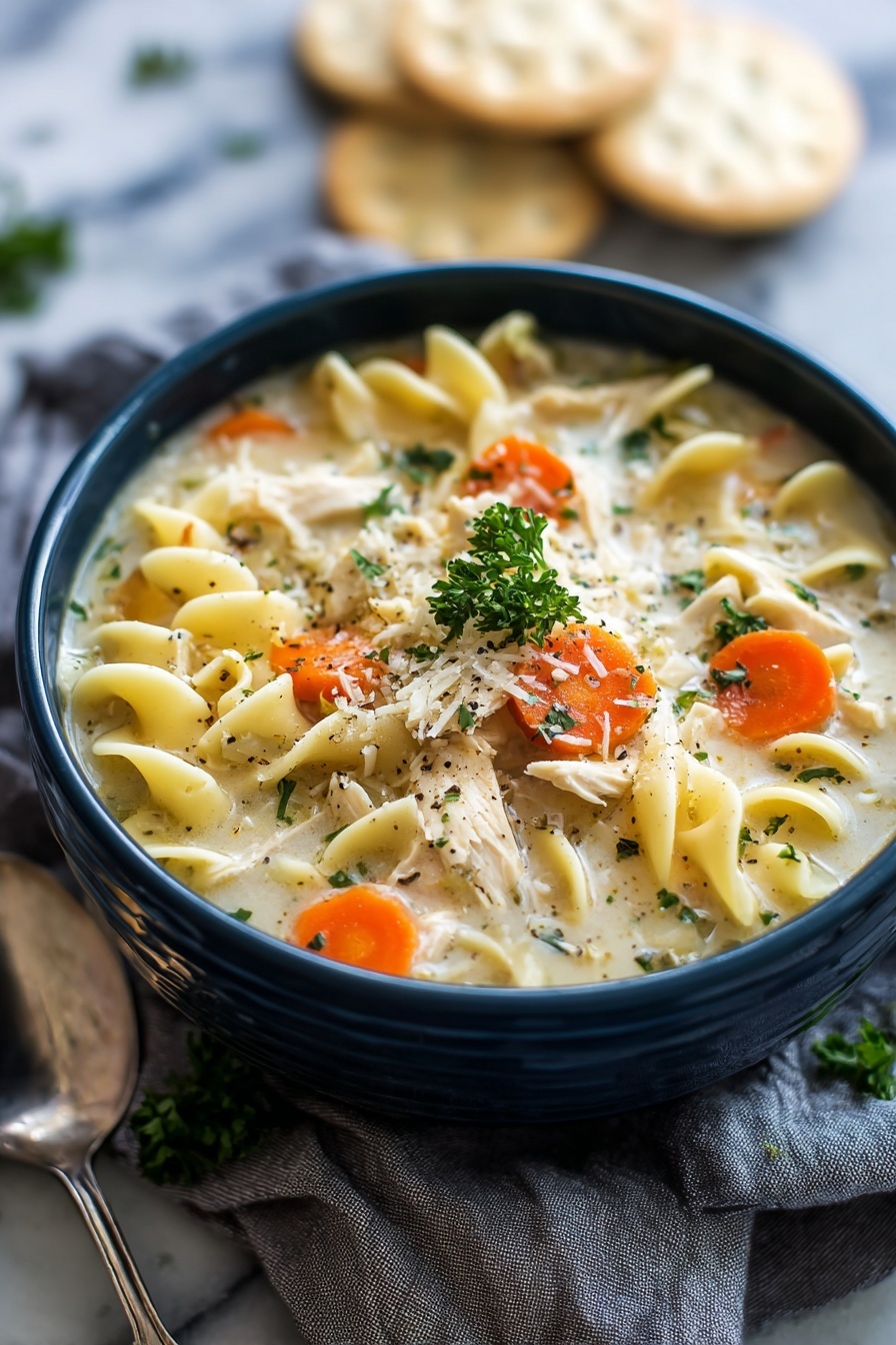 A bowl of chicken noodle soup with carrots.