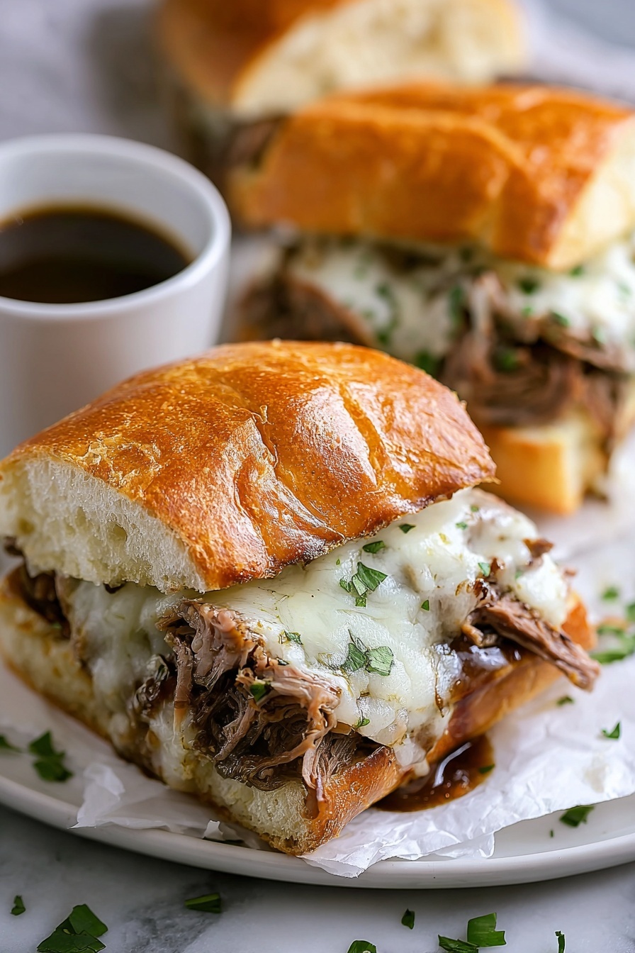 Two crockpot French dip sandwiches with cheese.
