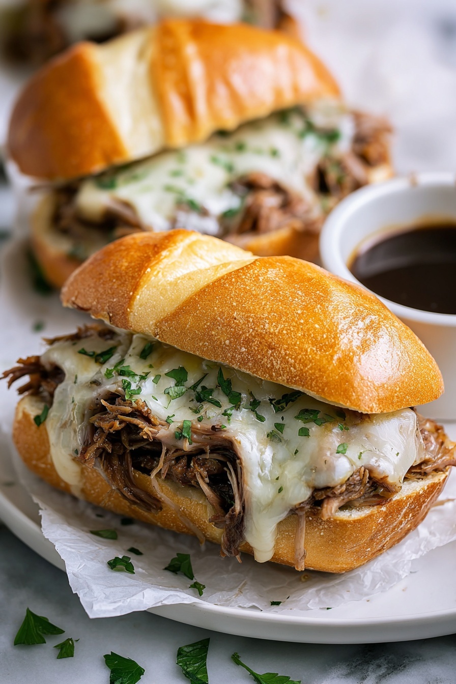 Two crockpot French dip sandwiches with cheese and herbs.