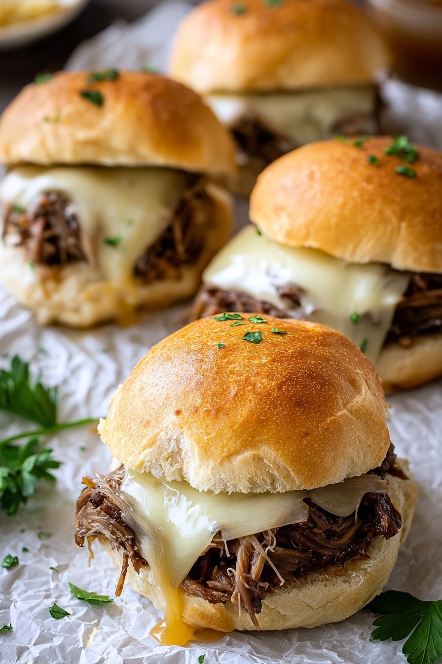 Four crockpot French dip sandwiches on a table.