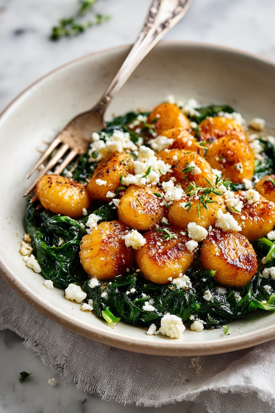 A bowl of food with crispy gnocchi, spinach, and feta.