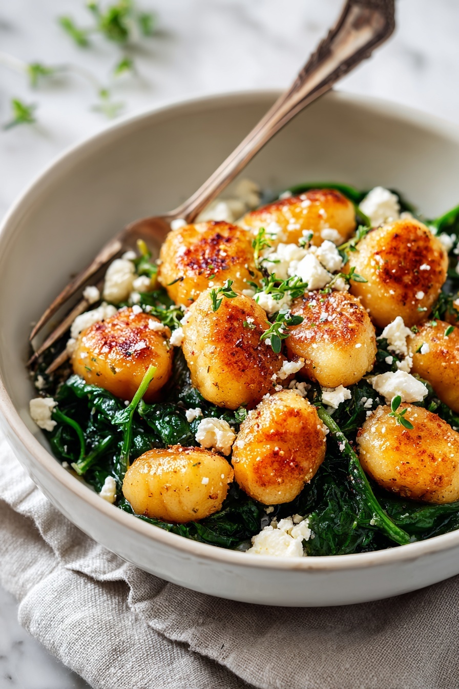 A bowl of food with gnocchi, spinach, and feta cheese.
