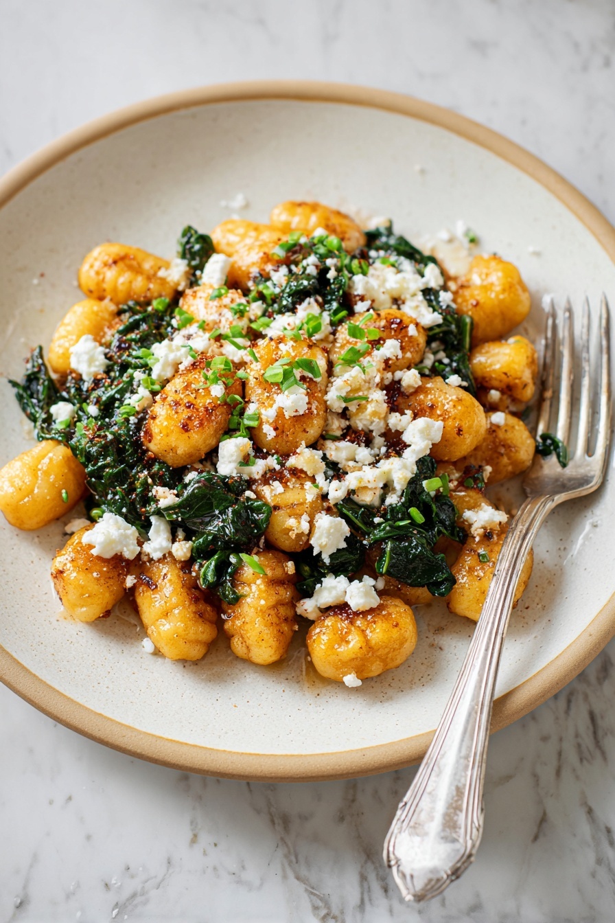 A plate of crispy gnocchi with spinach and feta.