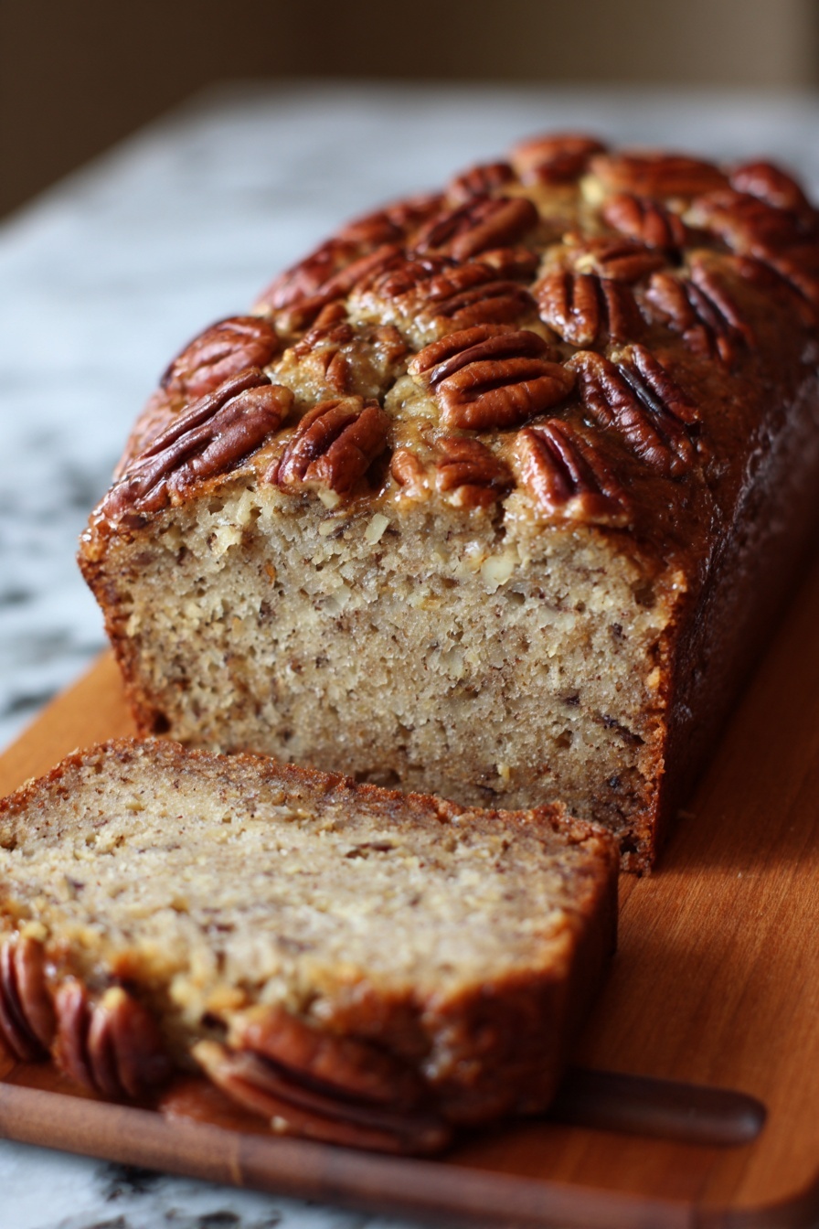 A slice of pecan bread on a table.
