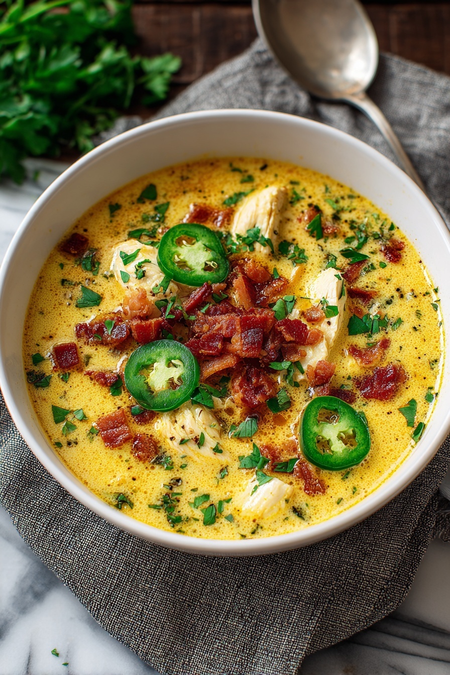 A bowl of soup with bacon and jalapenos.