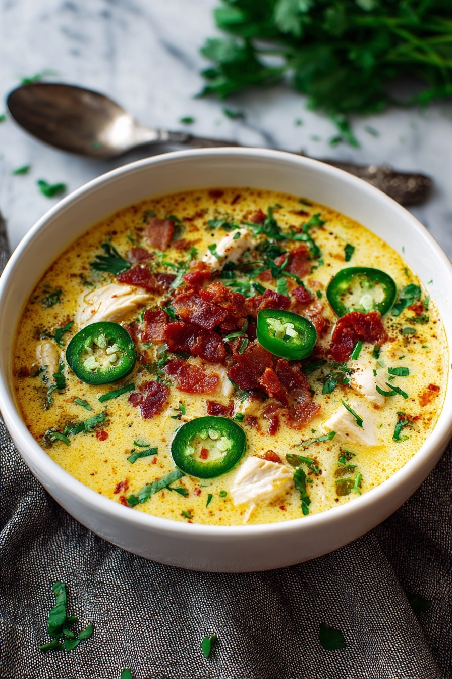 A bowl of soup with jalapenos in it.