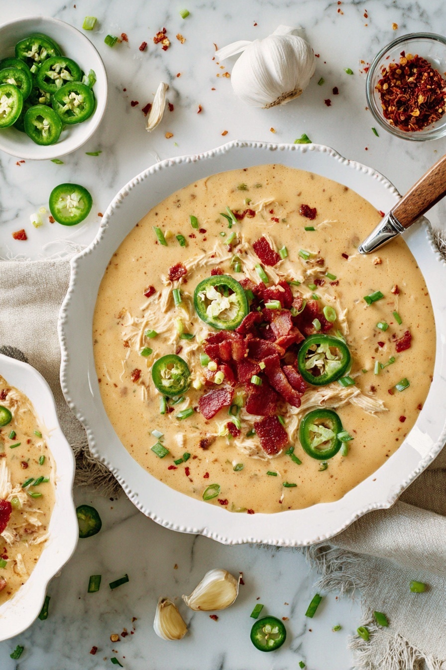 A bowl of soup with jalapenos and bacon.