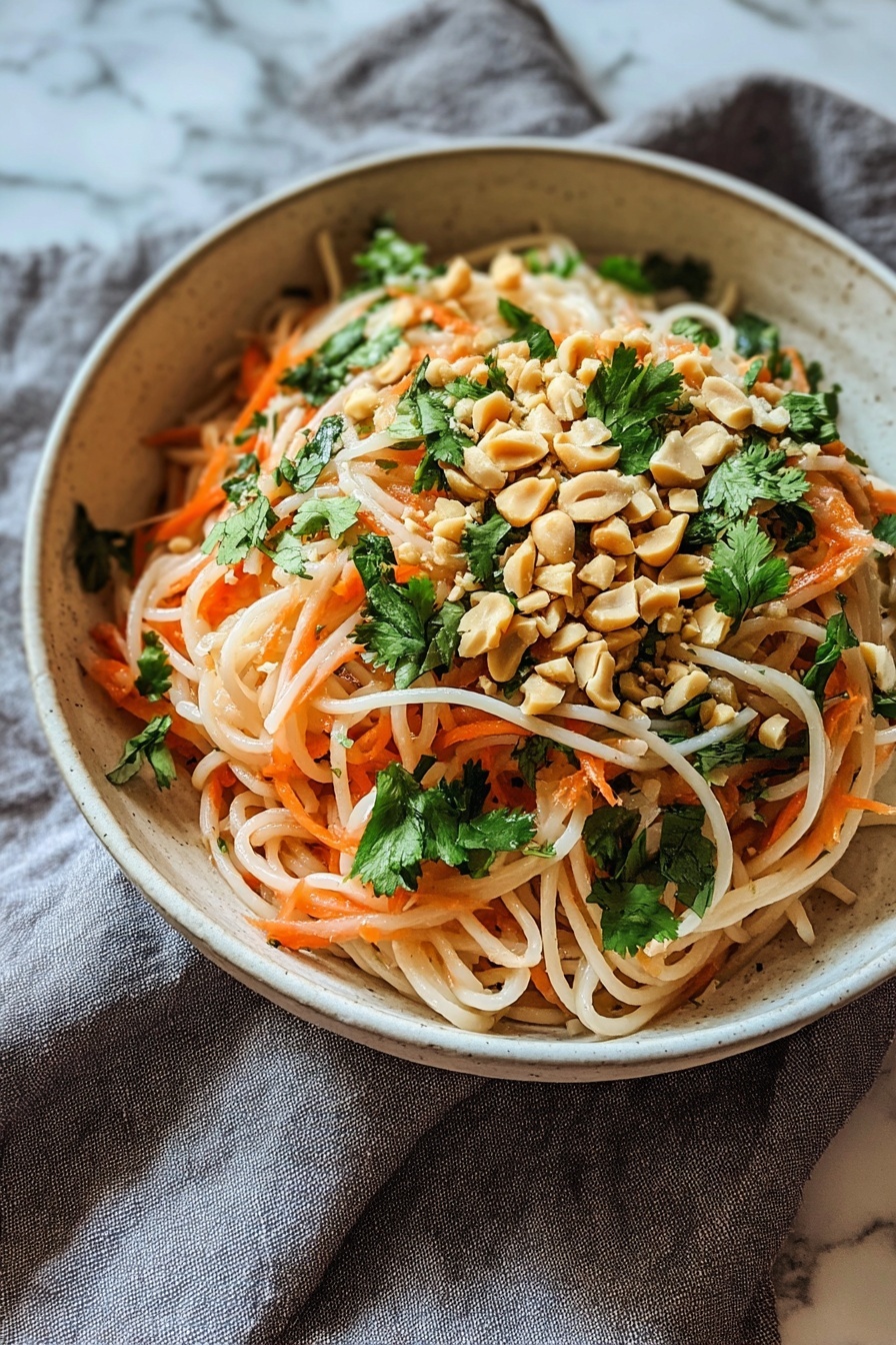 A bowl of noodles with peanuts and carrots.