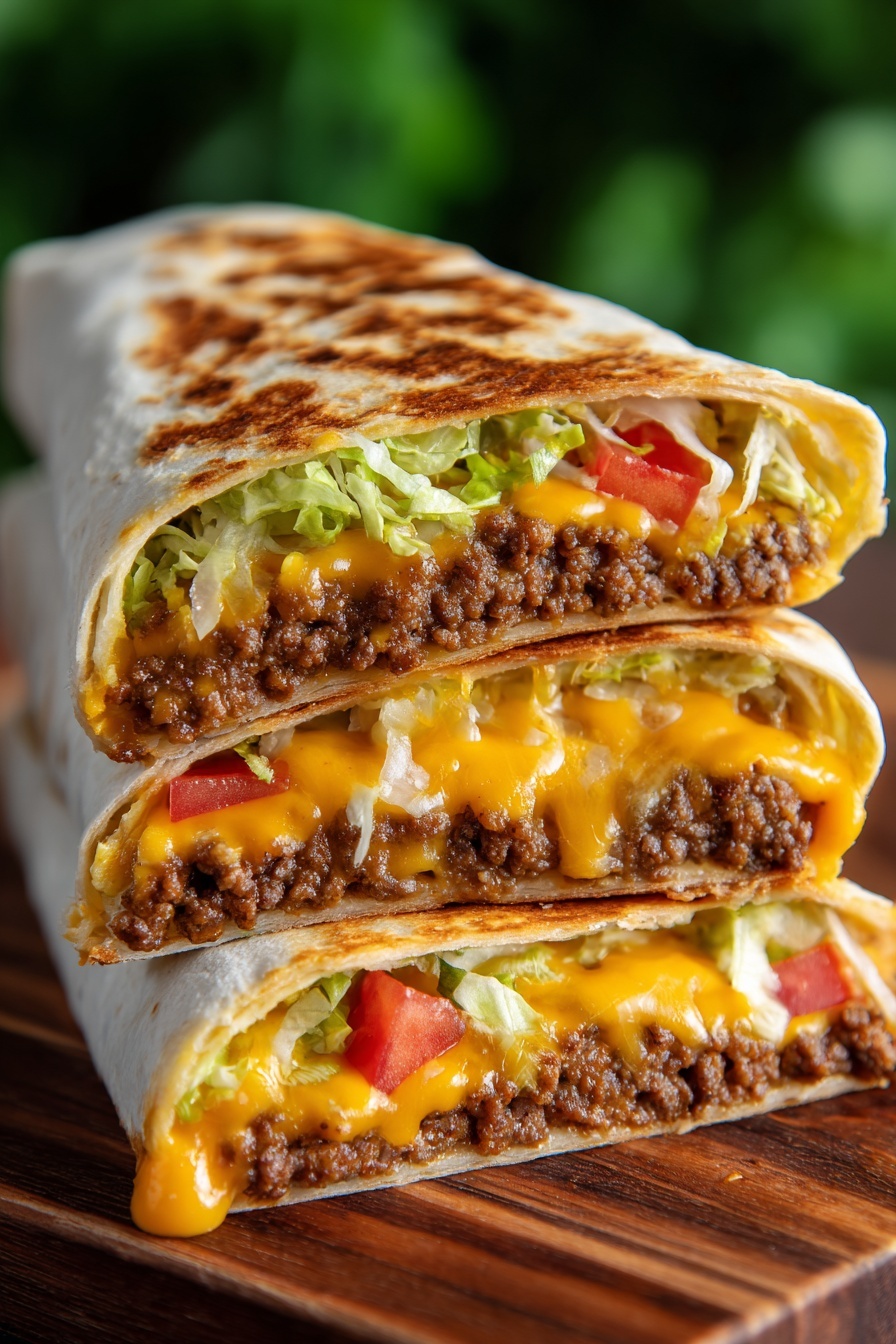 A cheeseburger crunch is stacked on a table.