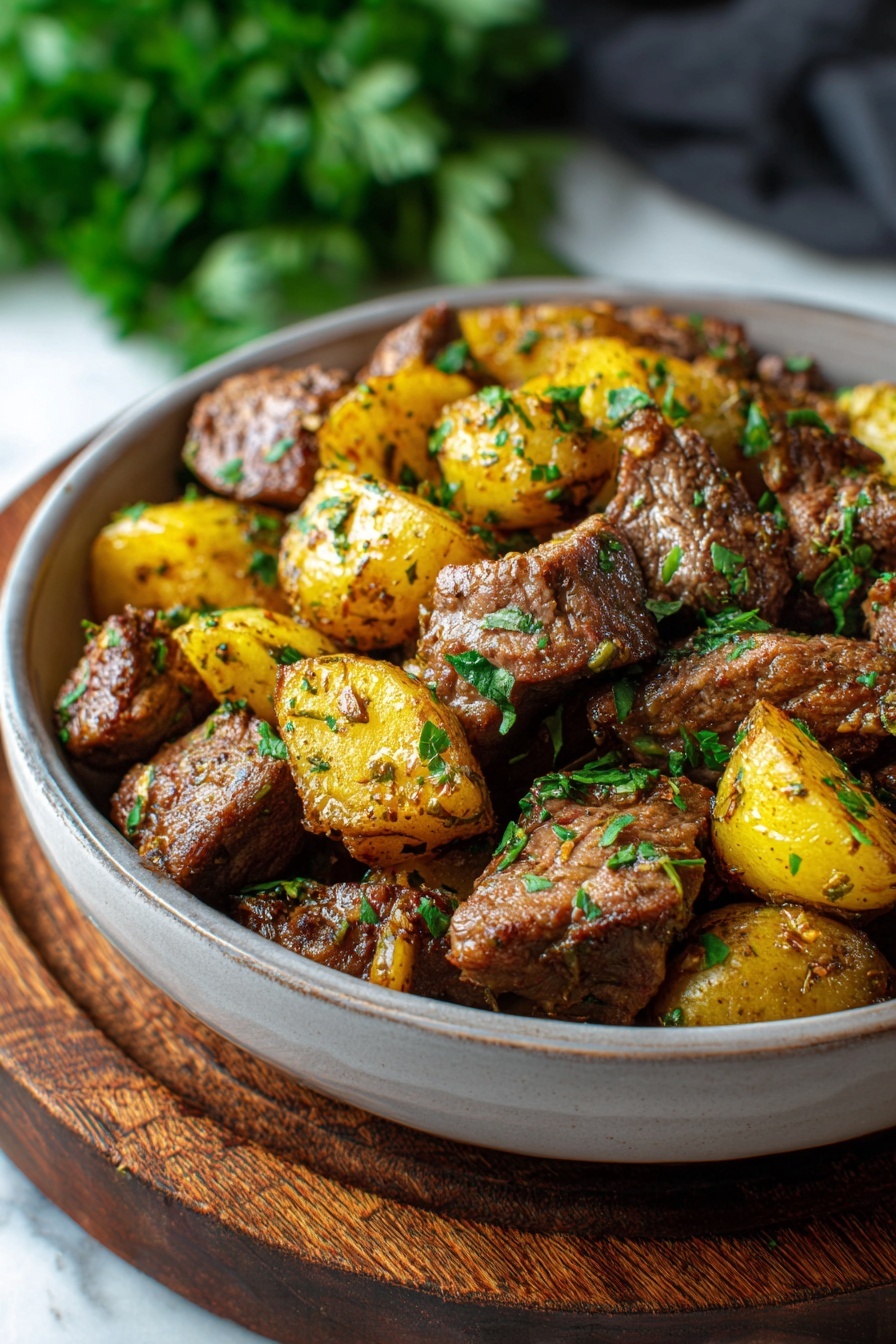 A bowl of beef and potatoes.