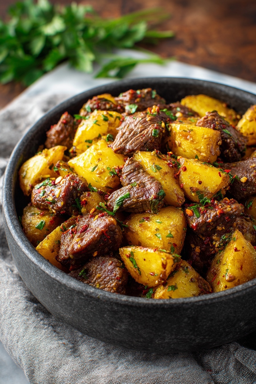 A bowl of beef and potatoes.