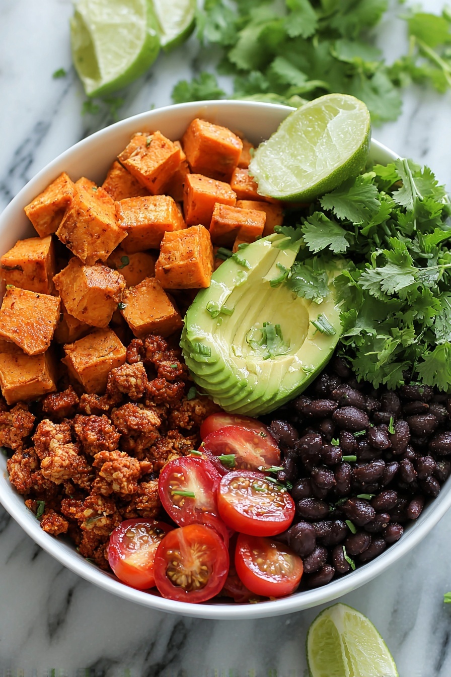 A bowl of food with sweet potatoes, tomatoes, lime, and avocado.