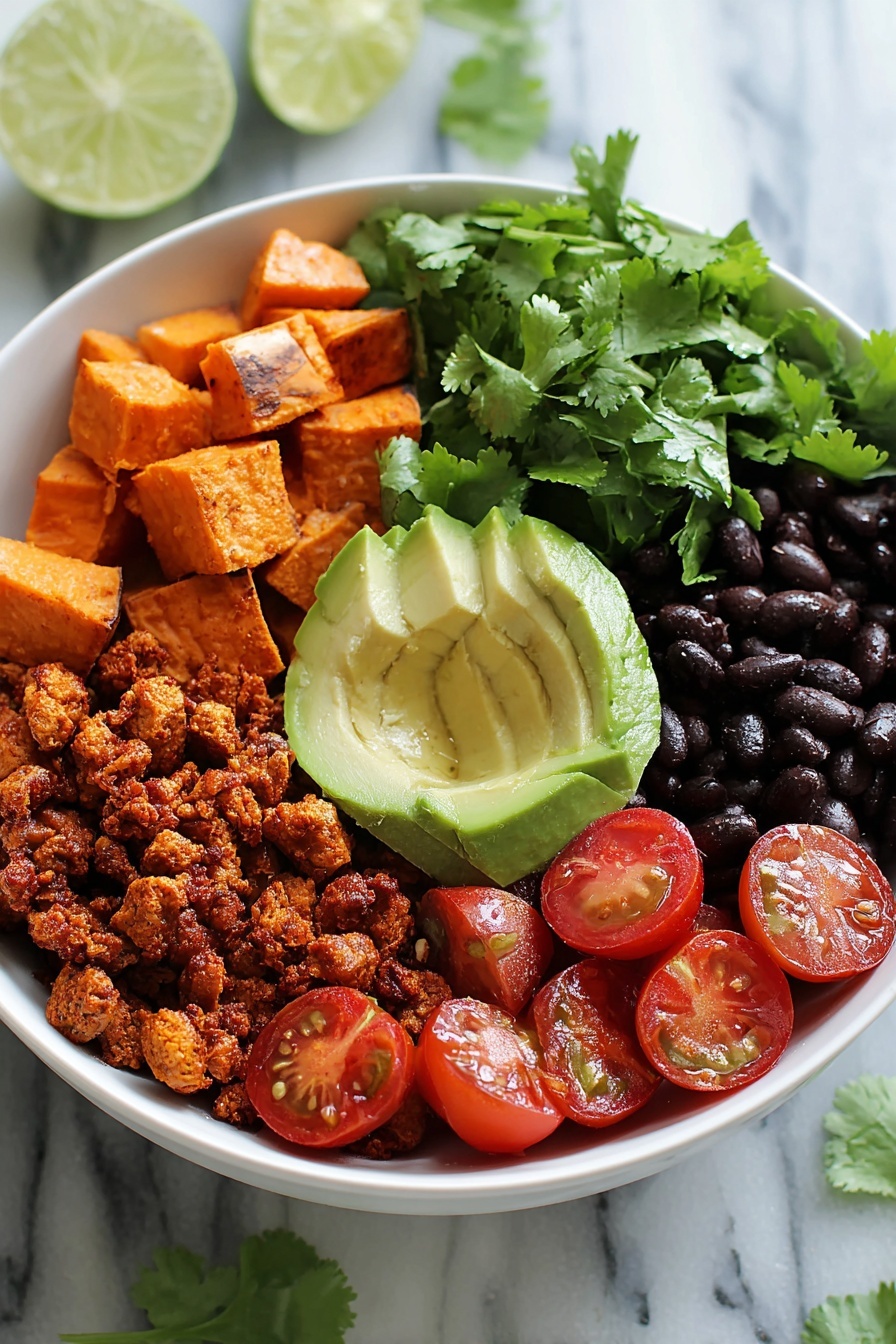 A bowl of food with sweet potatoes, tomatoes, and avocado.