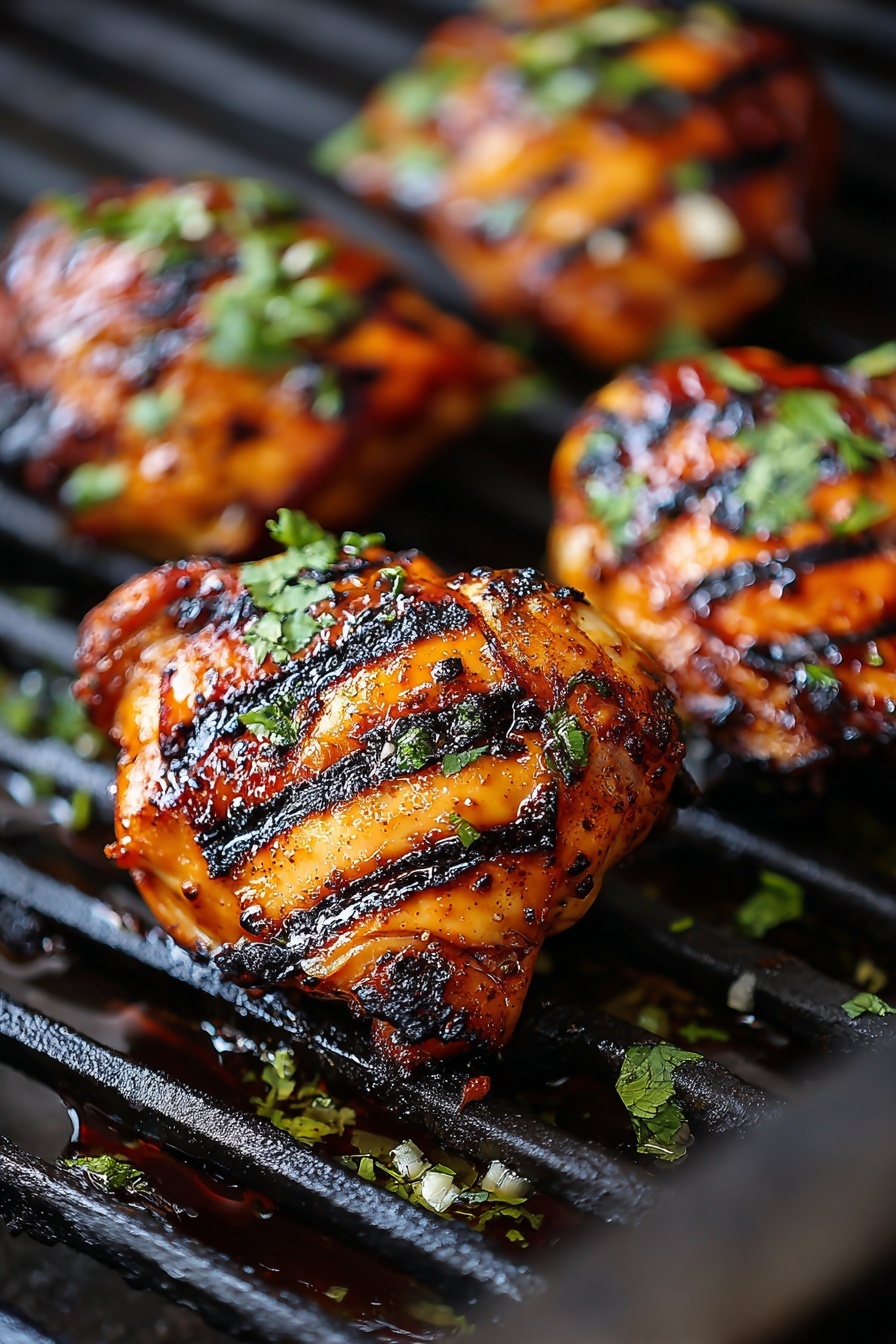 Grilled chicken thighs with green herbs.