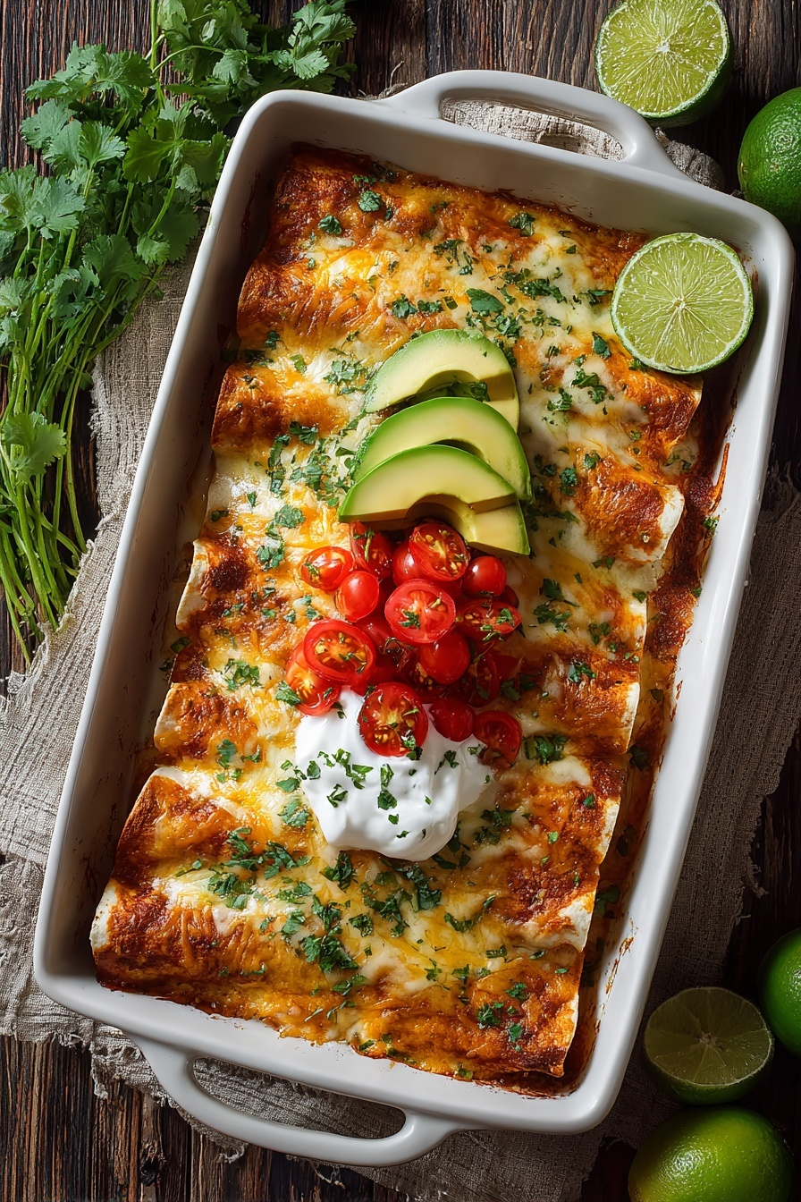 A dish of cream cheese enchiladas with tomatoes and avocado.