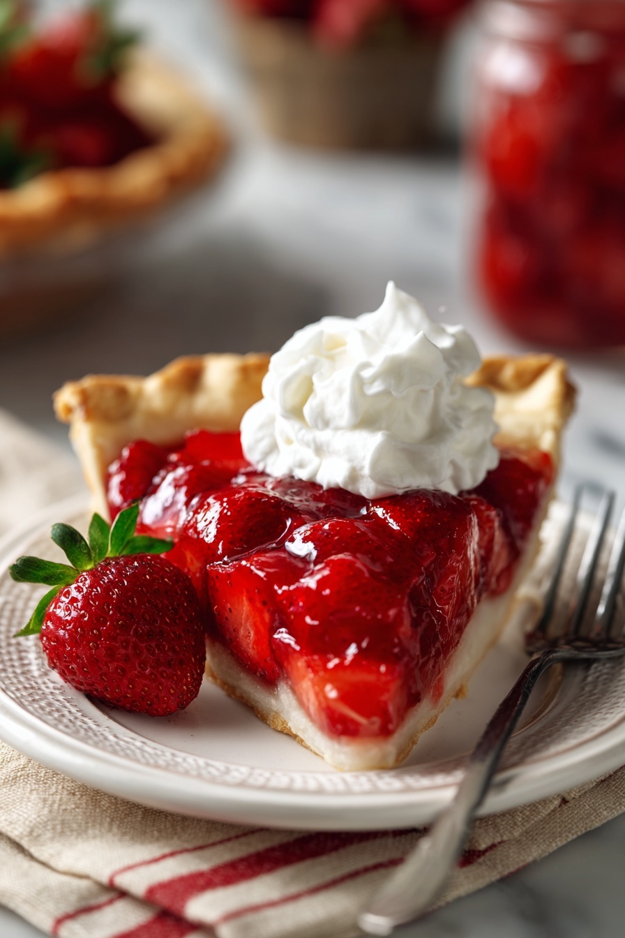 A slice of strawberry cheesecake with whipped cream on top.
