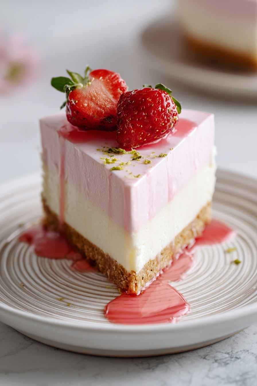 A slice of pink cake with strawberries on top.