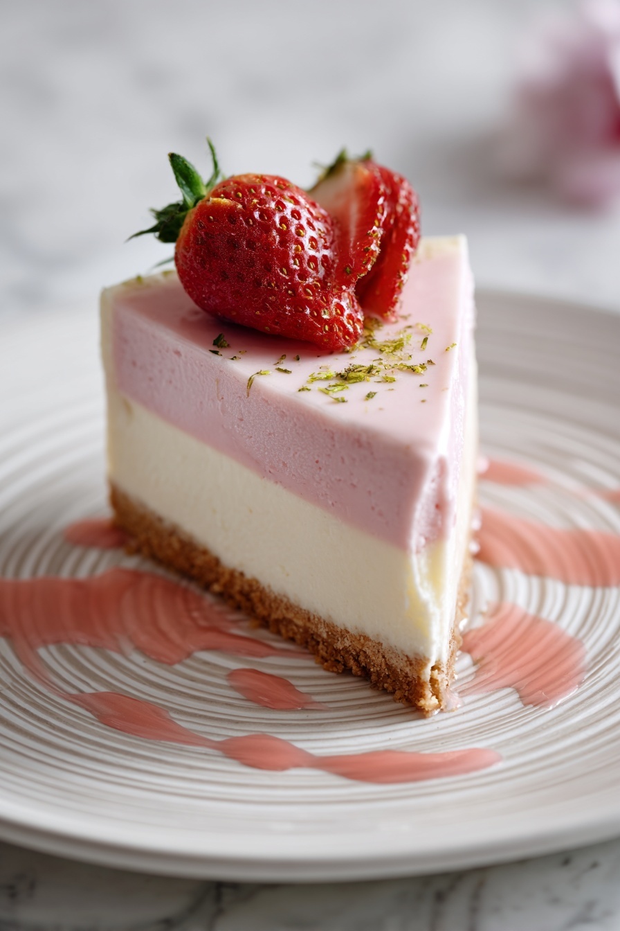 A slice of cake with strawberries on top.