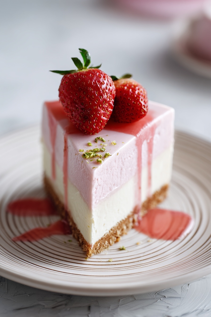 A slice of cake with strawberries on top.