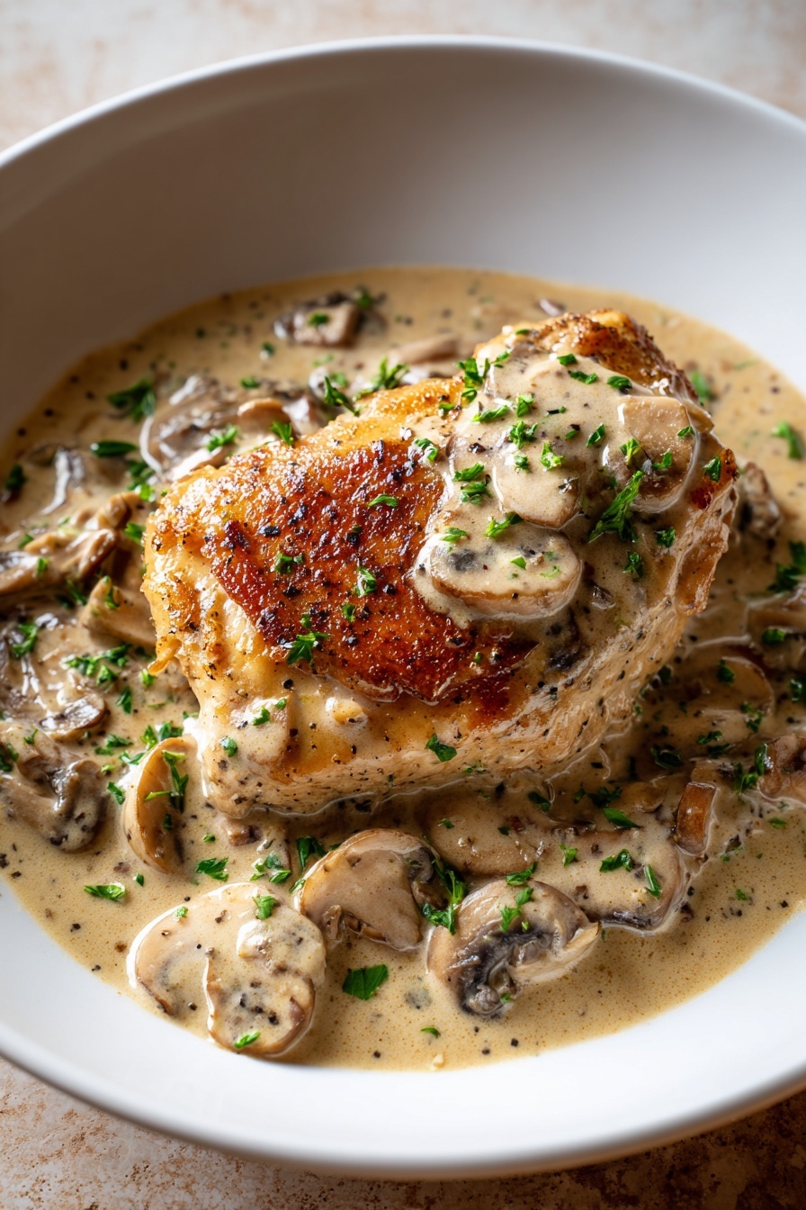 A close up of a piece of chicken in a gravy sauce.