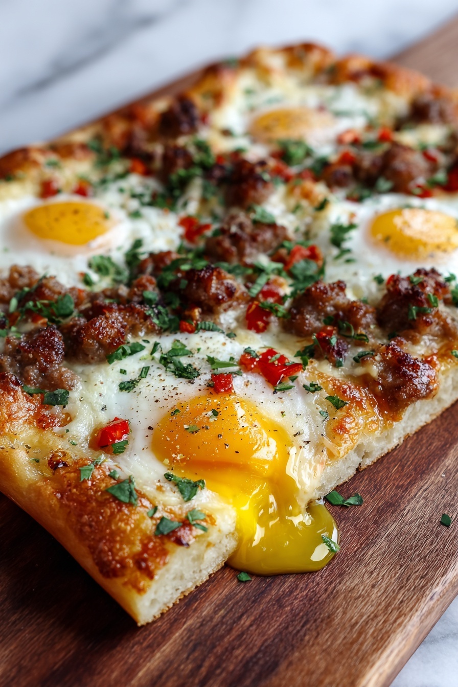 A breakfast pizza with eggs and sausage.