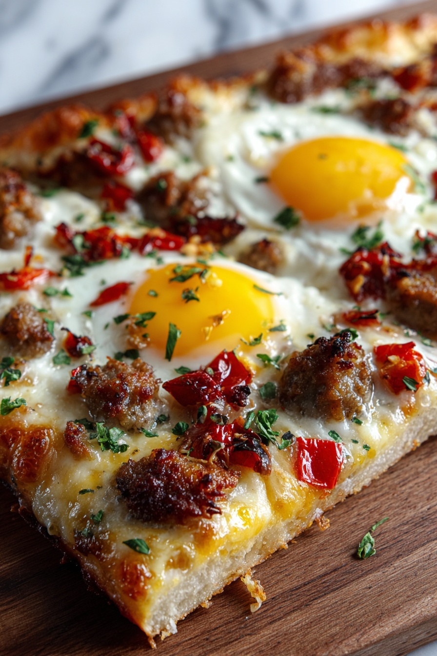 A breakfast pizza with eggs and sausage.