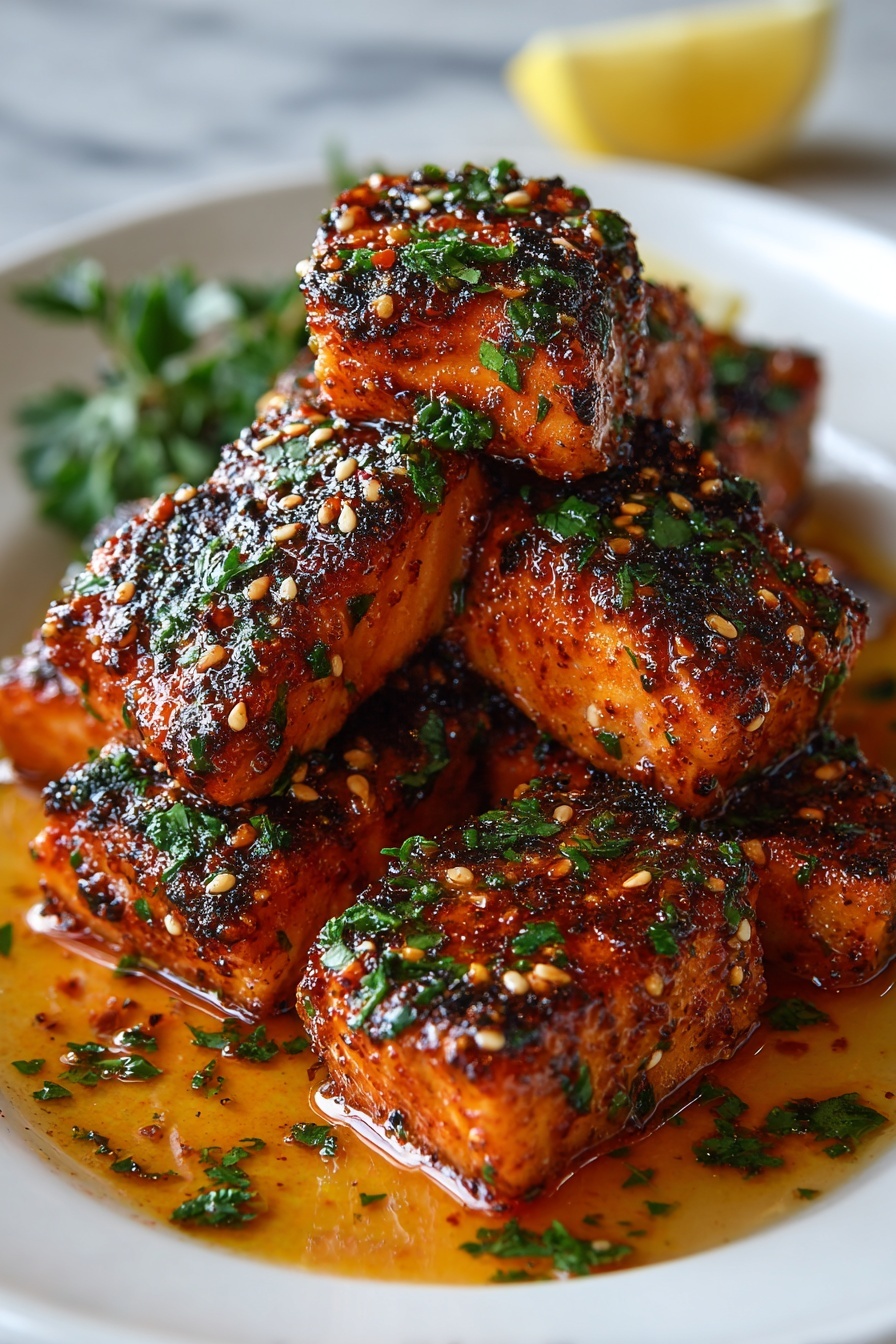 Crispy honey garlic salmon on a white plate.