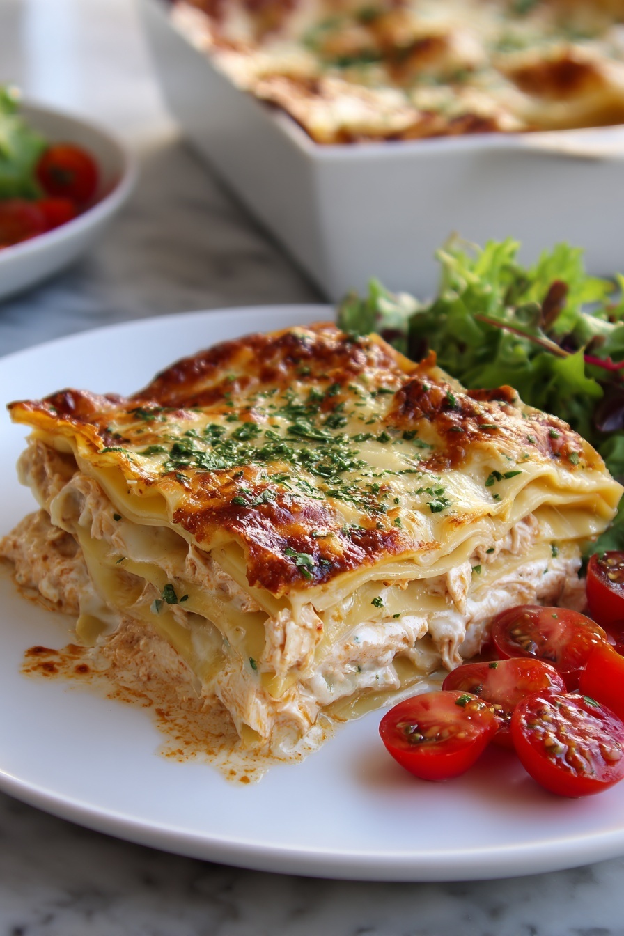 A plate of lasagna with tomatoes and lettuce.