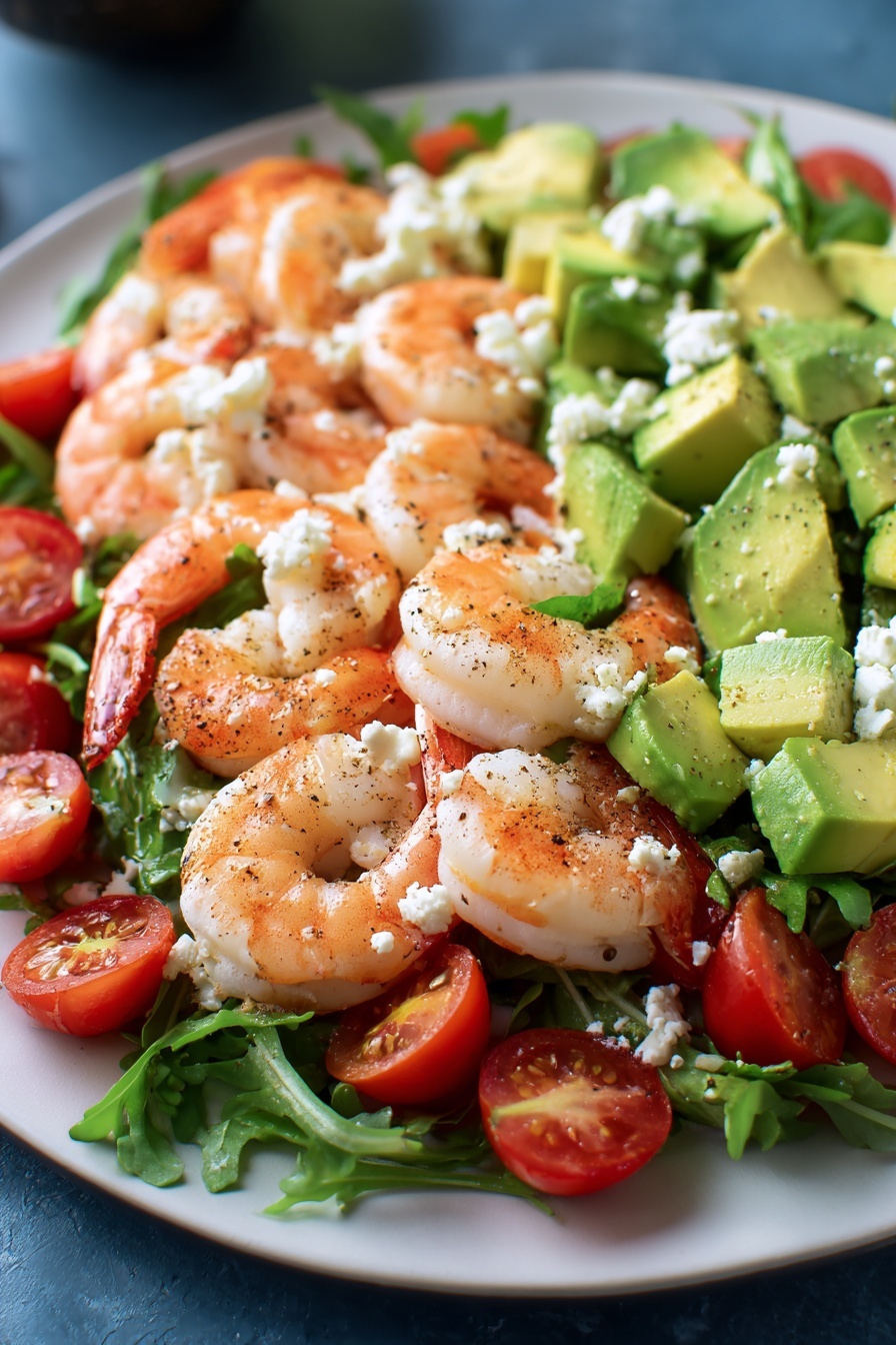 A plate of shrimp, avocado, and tomato salad.