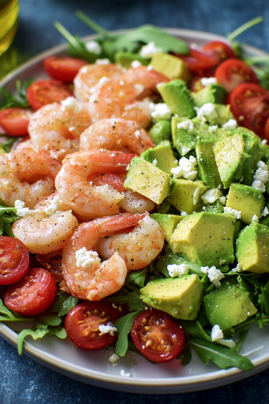 A plate of shrimp, avocado, and tomato salad.