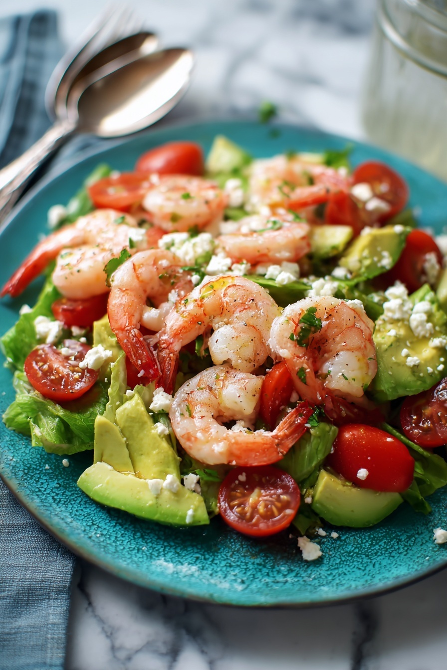 A plate of shrimp, avocado, and tomato salad.
