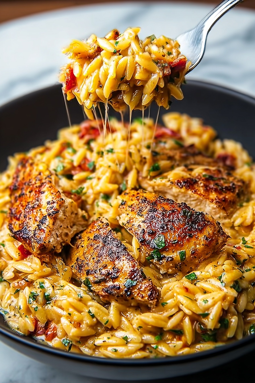 A bowl of pasta with chicken and Alfredo sauce.
