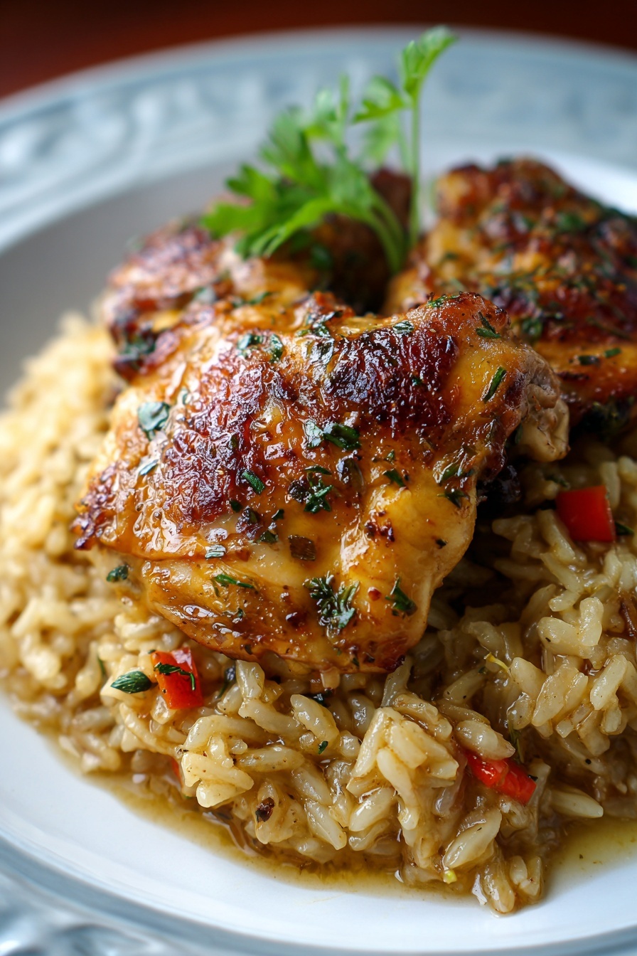 A plate of rice and chicken.