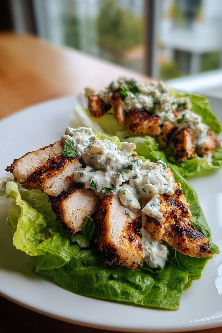 A plate of Greek chicken lettuce wraps with feta sauce.