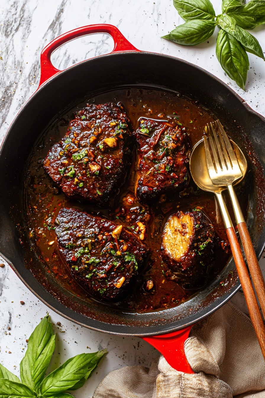 A pan of chicken with sauce and herbs.