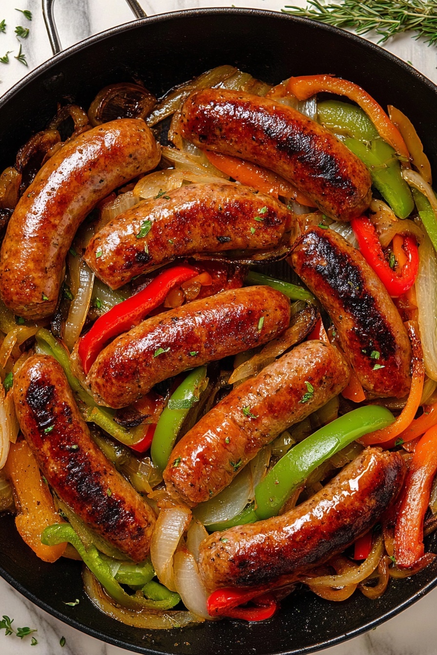 A dish of sausage and peppers.